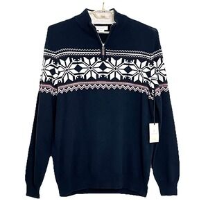 NWT Aspen Men's Snowflake Fair Isle Sweater XL Navy Blue 1/4 Zip 100% Cotton